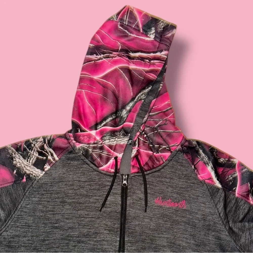 Huntworth Hoodie Pink Gray Camo Fleece Lined 1/2 Zip Pullover Women's XL - Picture 12 of 16